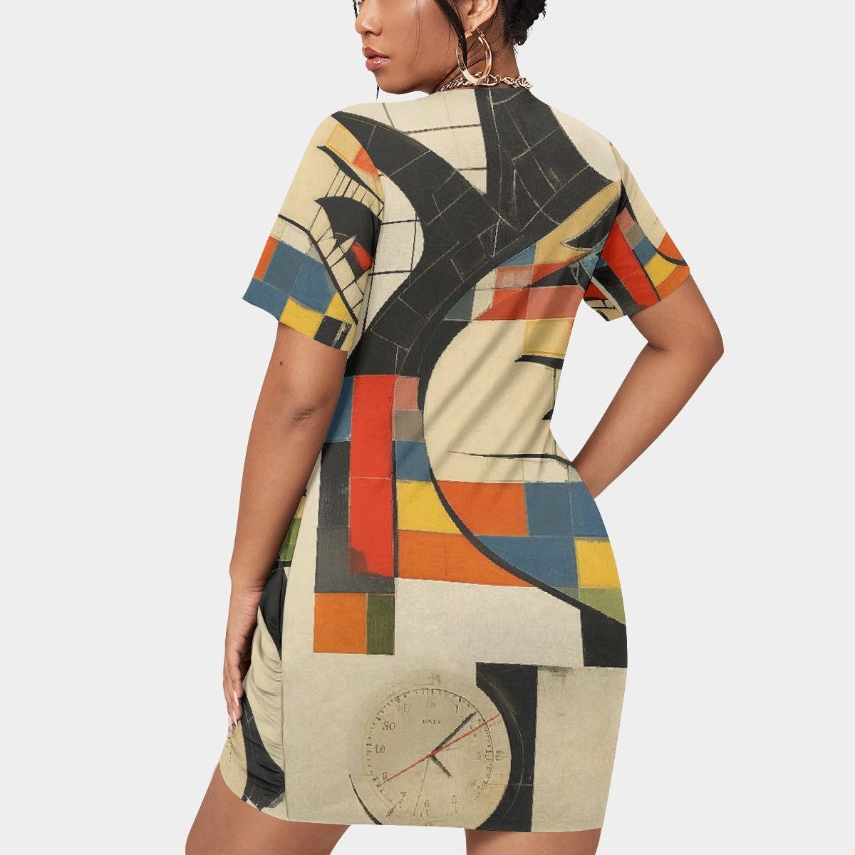 All-Over Print Women’s Stacked Hem Dress With Short Sleeve（Plus Size）