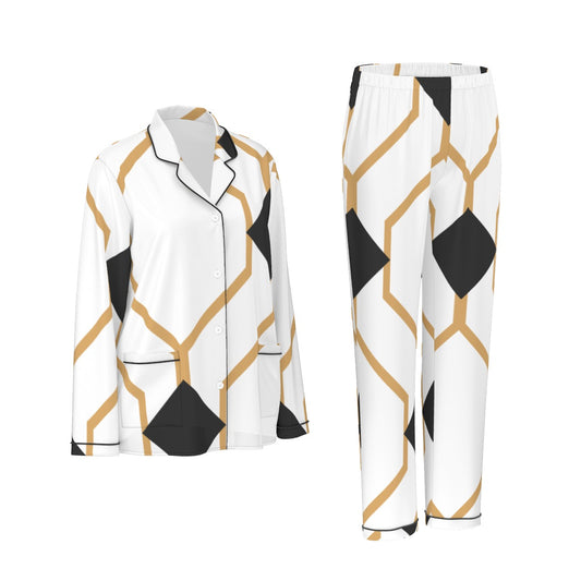 All-Over Print Women's Long Sleeve Pajama Set With Black Contrast Piping