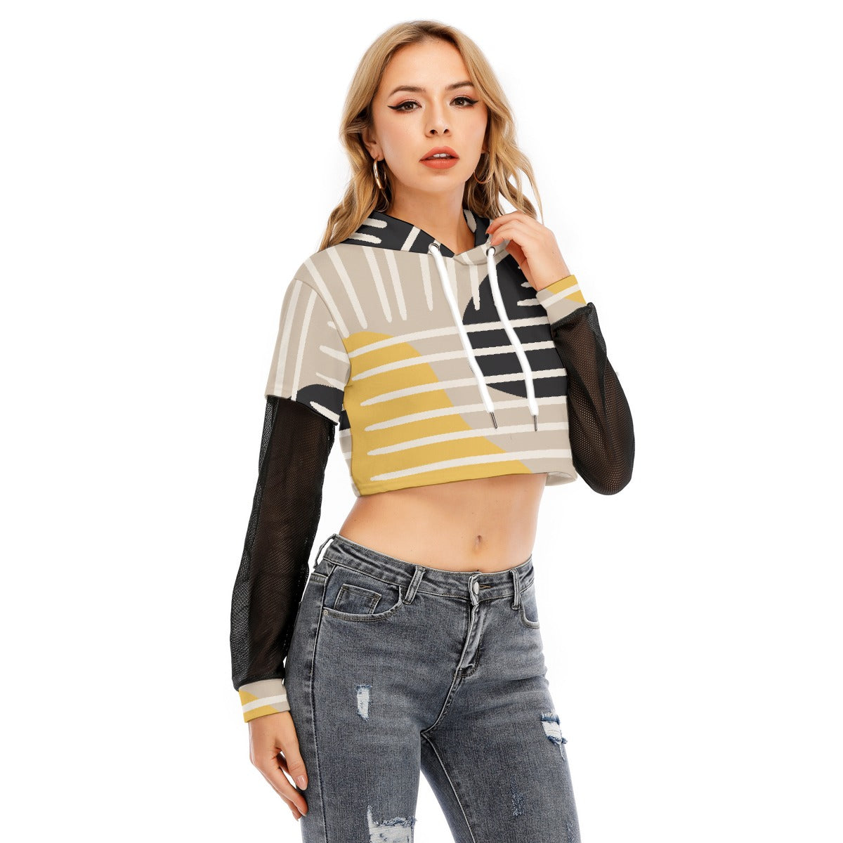All-Over Print Women's Fake Two-piece Mesh Sleeve Cropped Hoodie