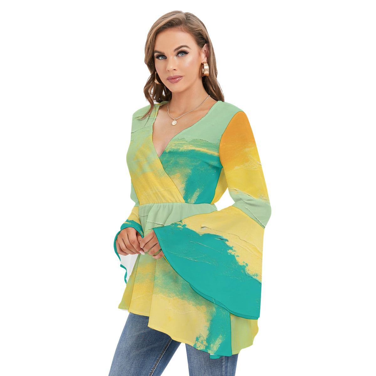 All-Over Print Women's V-neck Blouse With Flared Sleeves