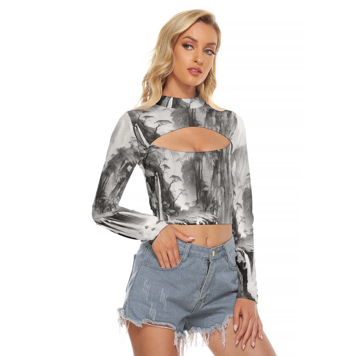 All-Over Print Women's Hollow Chest Keyhole Tight Crop Top
