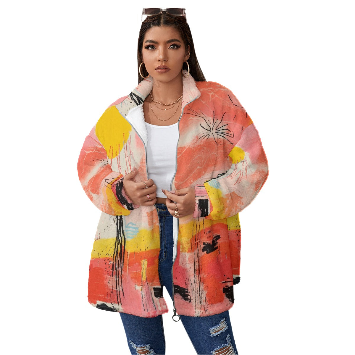 All-Over Print Unisex Borg Fleece Stand-up Collar Coat With Zipper Closure(Plus Size)