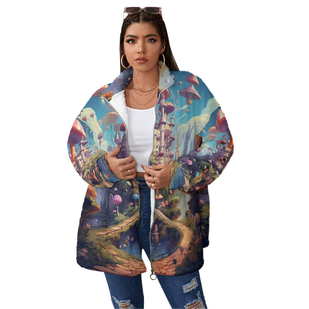 All-Over Print Unisex Borg Fleece Stand-up Collar Coat With Zipper Closure(Plus Size)