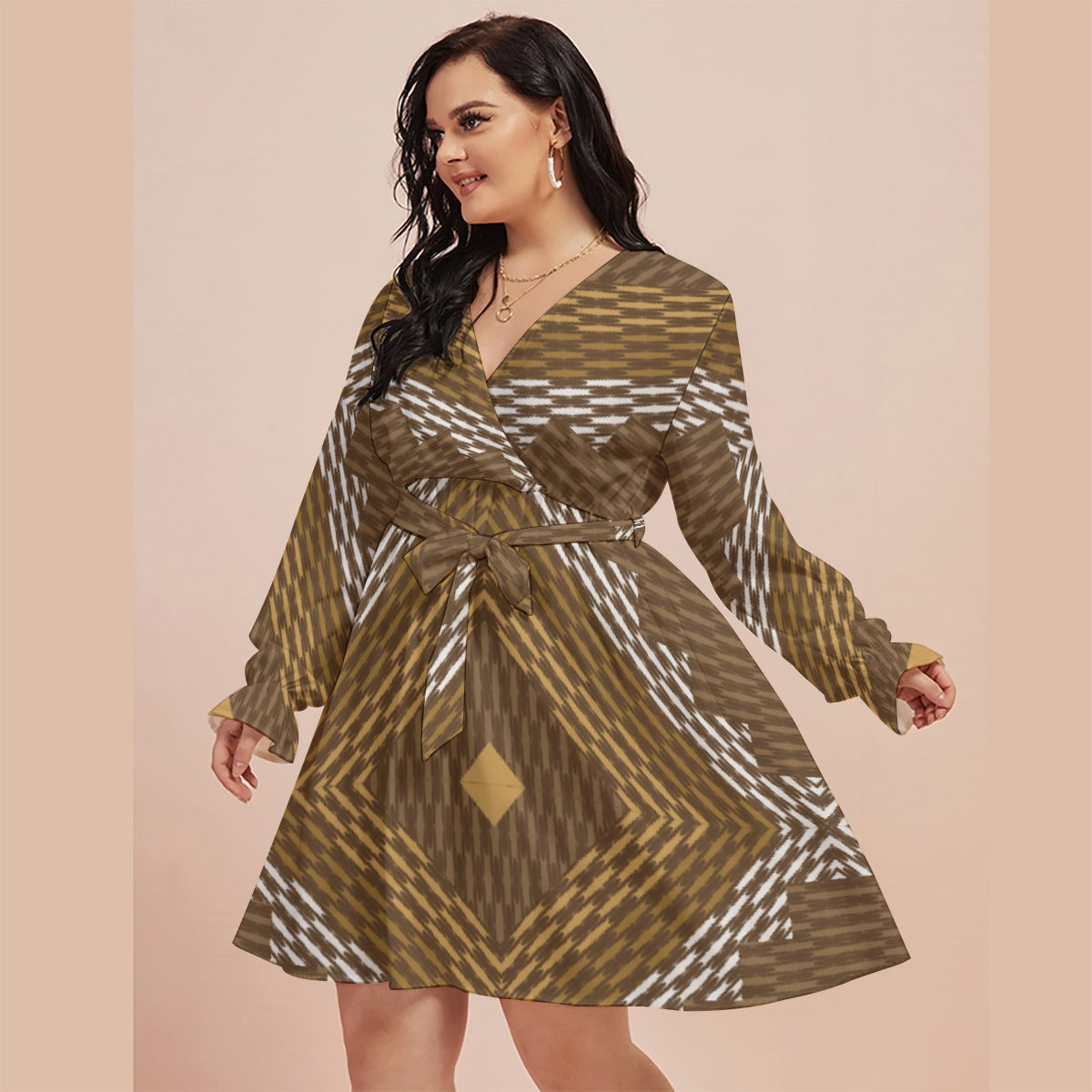 All-Over Print Women's V-neck Dress With Waistband(Plus Size)