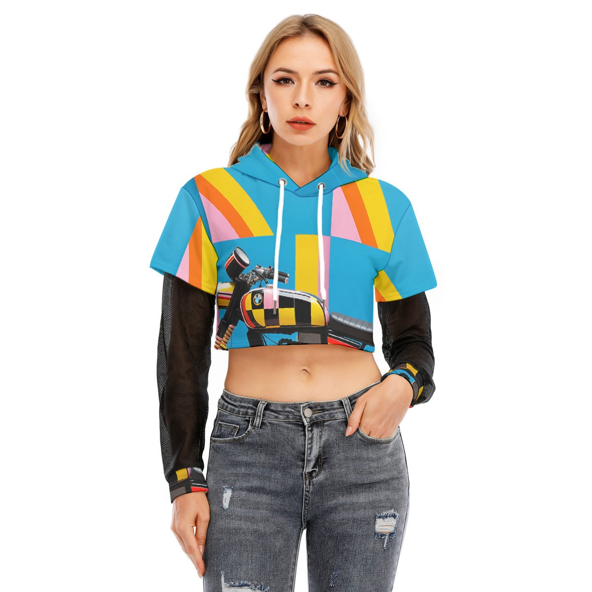 All-Over Print Women's Fake Two-piece Mesh Sleeve Cropped Hoodie