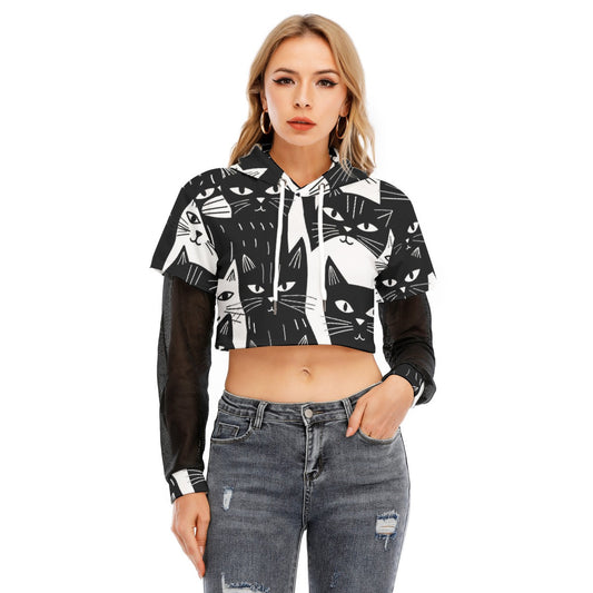 All-Over Print Women's Fake Two-piece Mesh Sleeve Cropped Hoodie