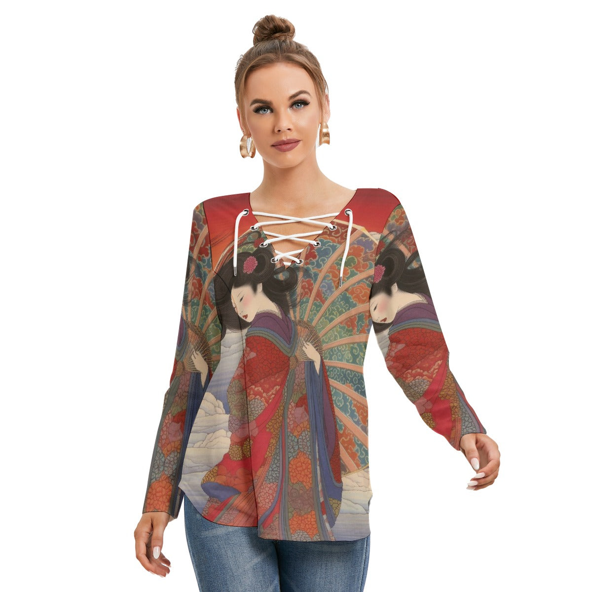 All-Over Print Women's Long Sleeve Neckline Tie Sweatshirt