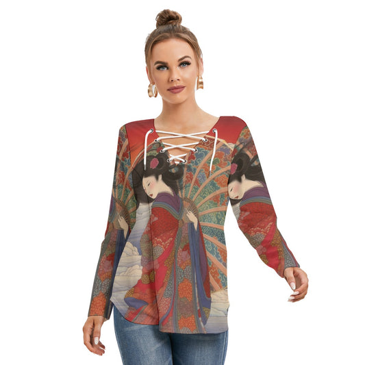 All-Over Print Women's Long Sleeve Neckline Tie Sweatshirt