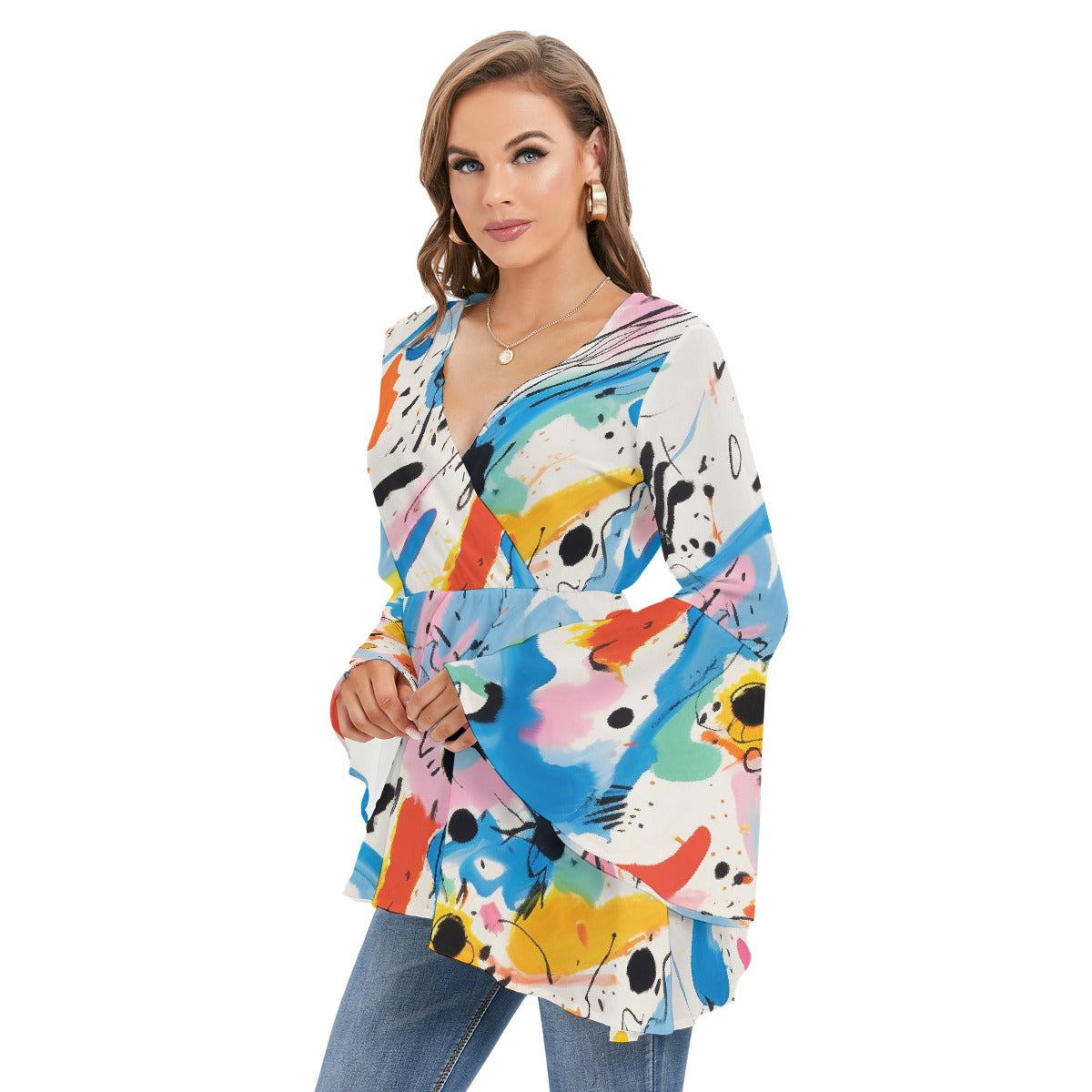 All-Over Print Women's V-neck Blouse With Flared Sleeves