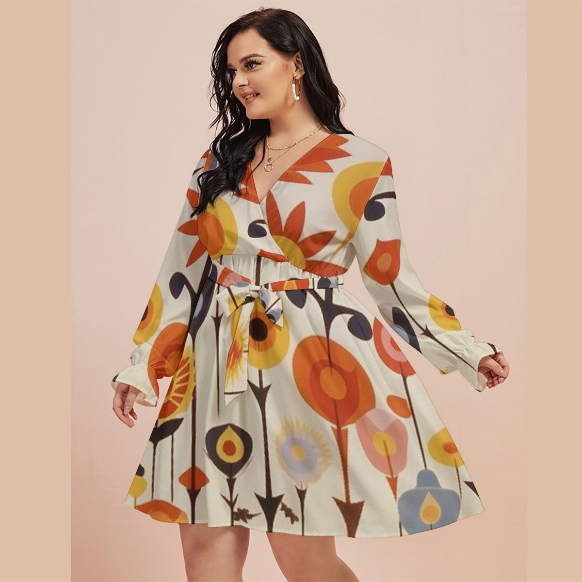 All-Over Print Women's V-neck Dress With Waistband(Plus Size)