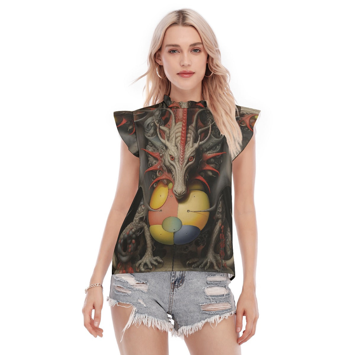 All-Over Print Women's Blouse With Ruffle Collar And Sleeve