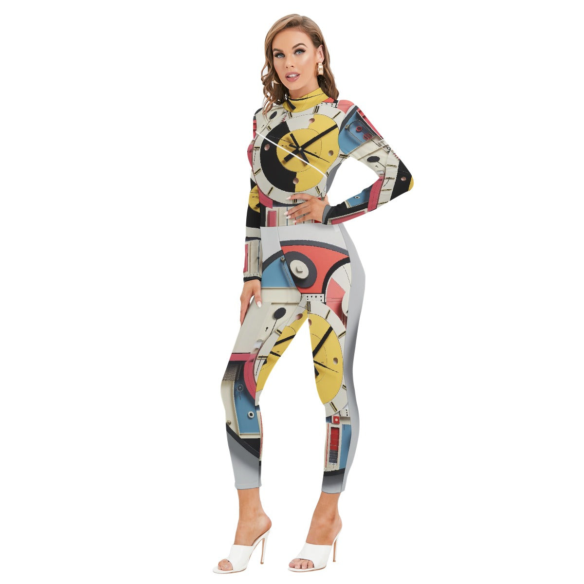 All-Over Print Women's Long-sleeved High-neck Jumpsuit With Zipper