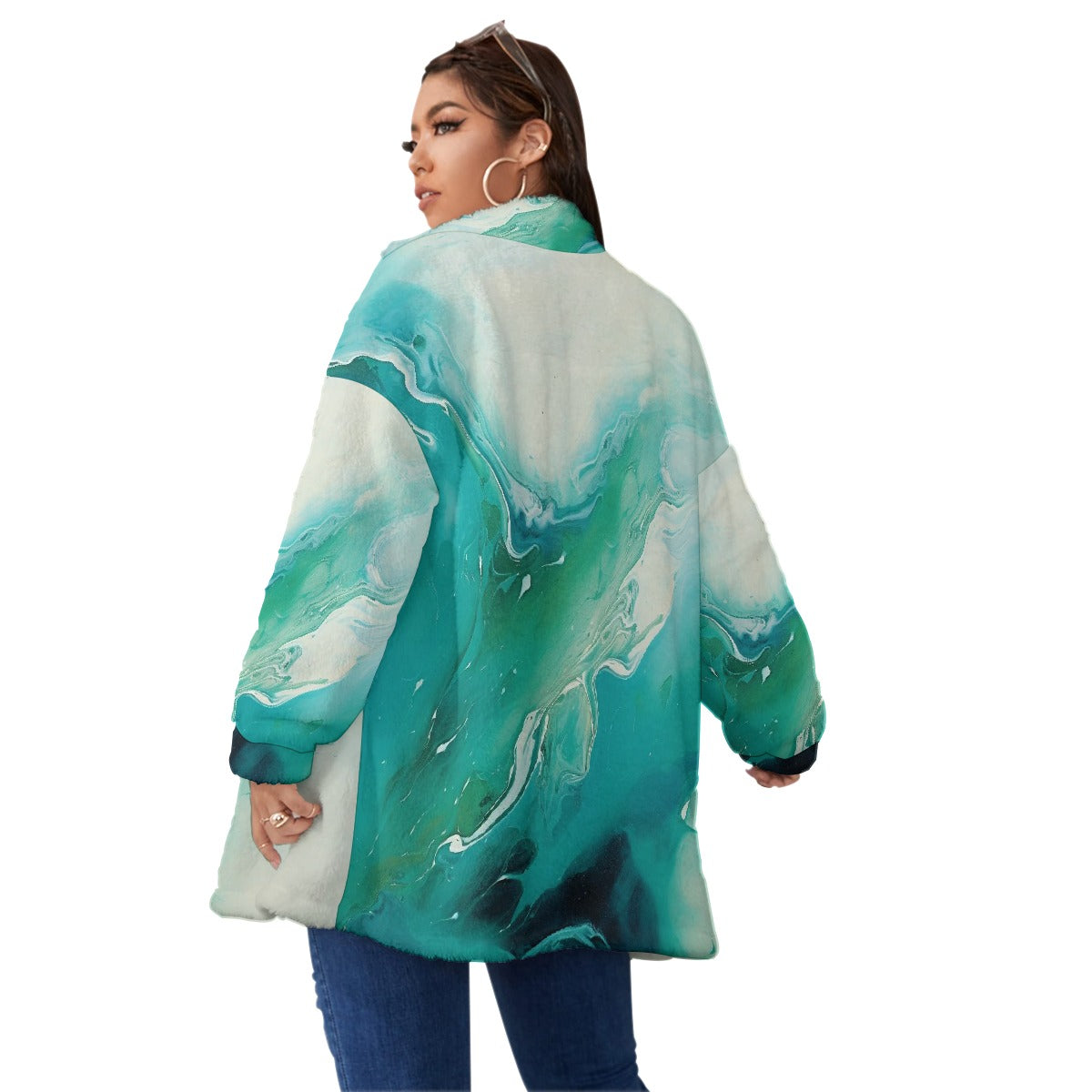 All-Over Print Unisex Borg Fleece Stand-up Collar Coat With Zipper Closure(Plus Size)