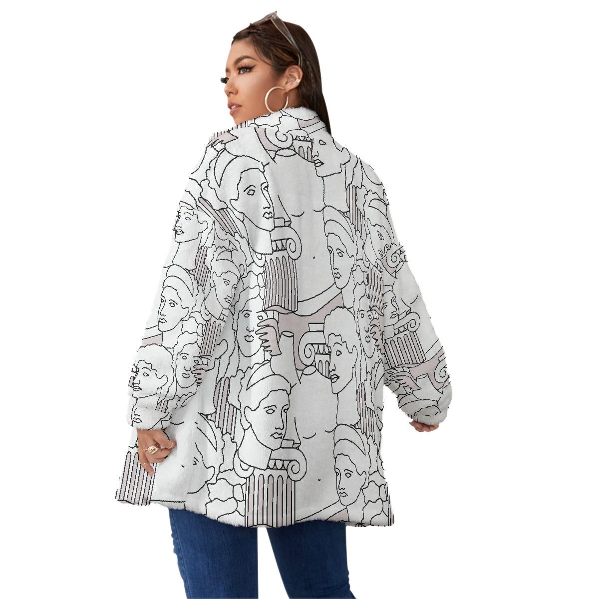 All-Over Print Unisex Borg Fleece Stand-up Collar Coat With Zipper Closure(Plus Size)