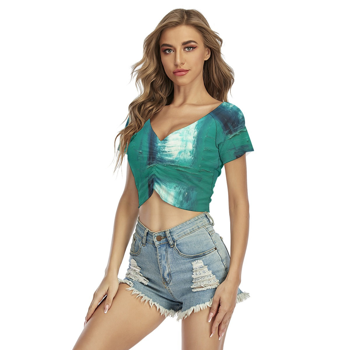All-Over Print Women's Raglan Drawstring Front  Crop Tee