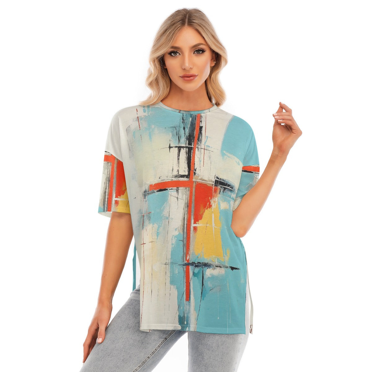 All-Over Print Women's Short Sleeves T-shirt With Hem Split