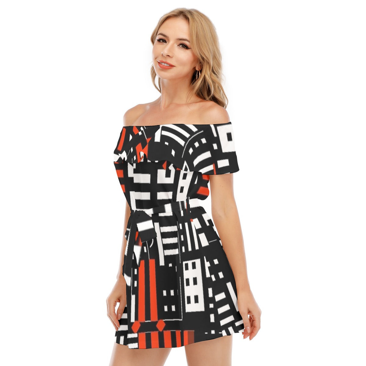 All-Over Print Women's Off-shoulder Dress With Ruffle