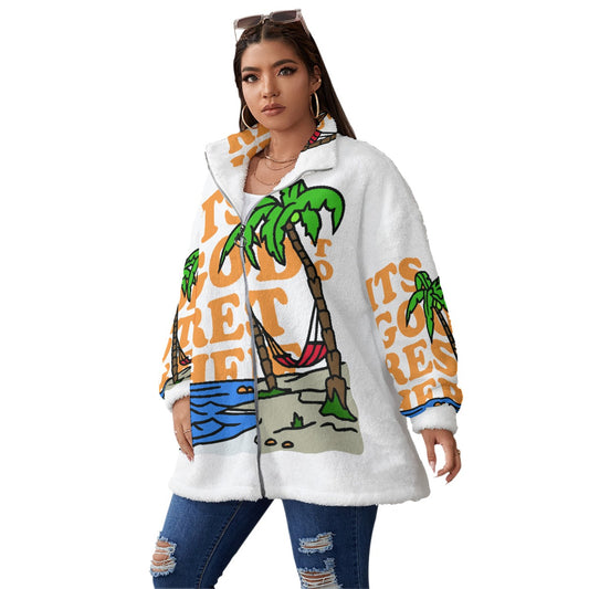 All-Over Print Unisex Borg Fleece Stand-up Collar Coat With Zipper Closure(Plus Size)