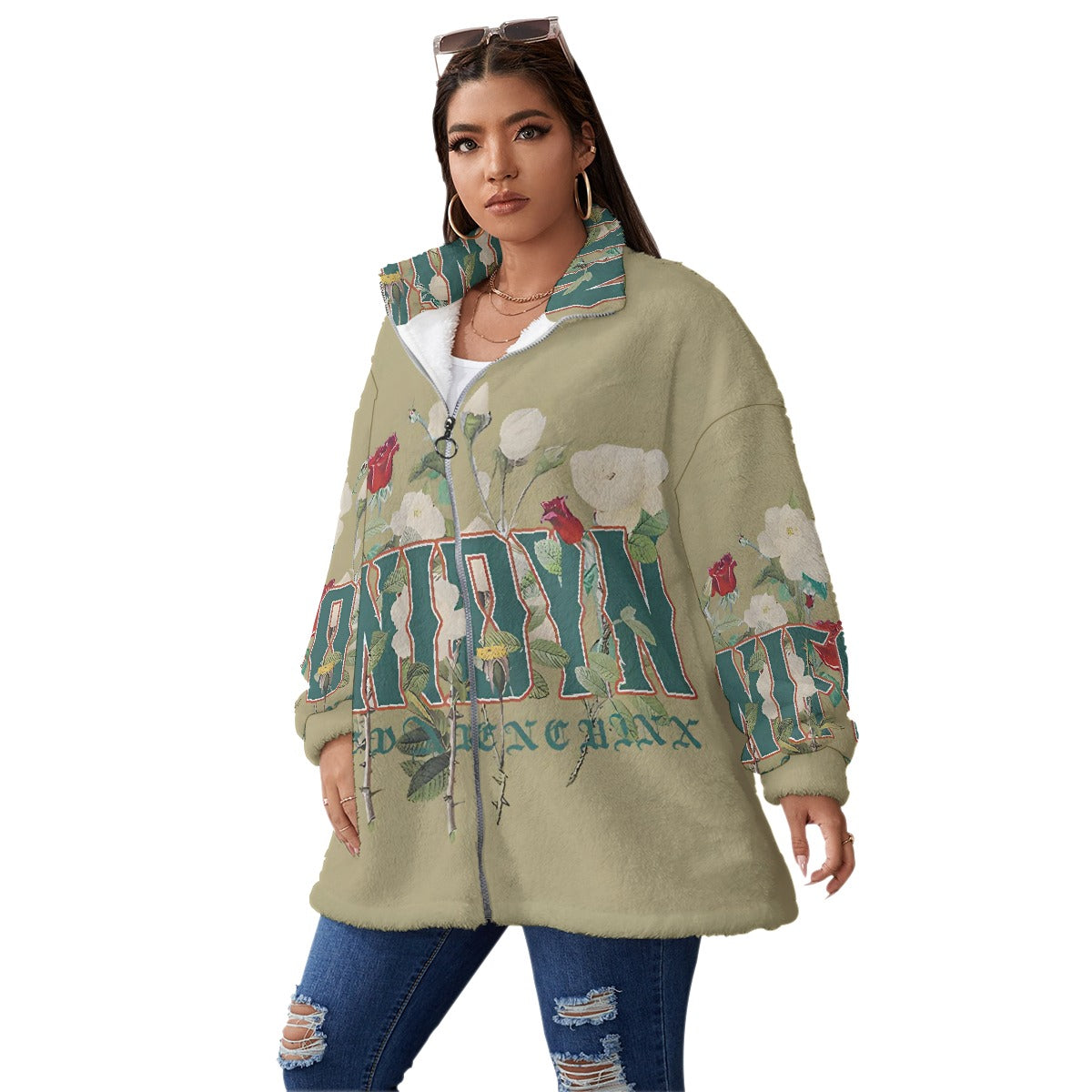 All-Over Print Unisex Borg Fleece Stand-up Collar Coat With Zipper Closure(Plus Size)