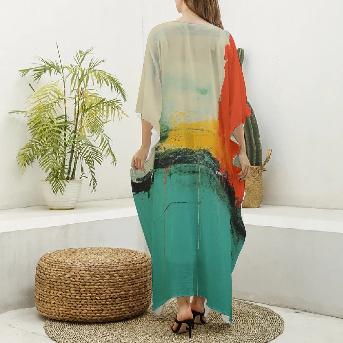 All-Over Print Women's Imitation Silk V-neck Kaftan Robe