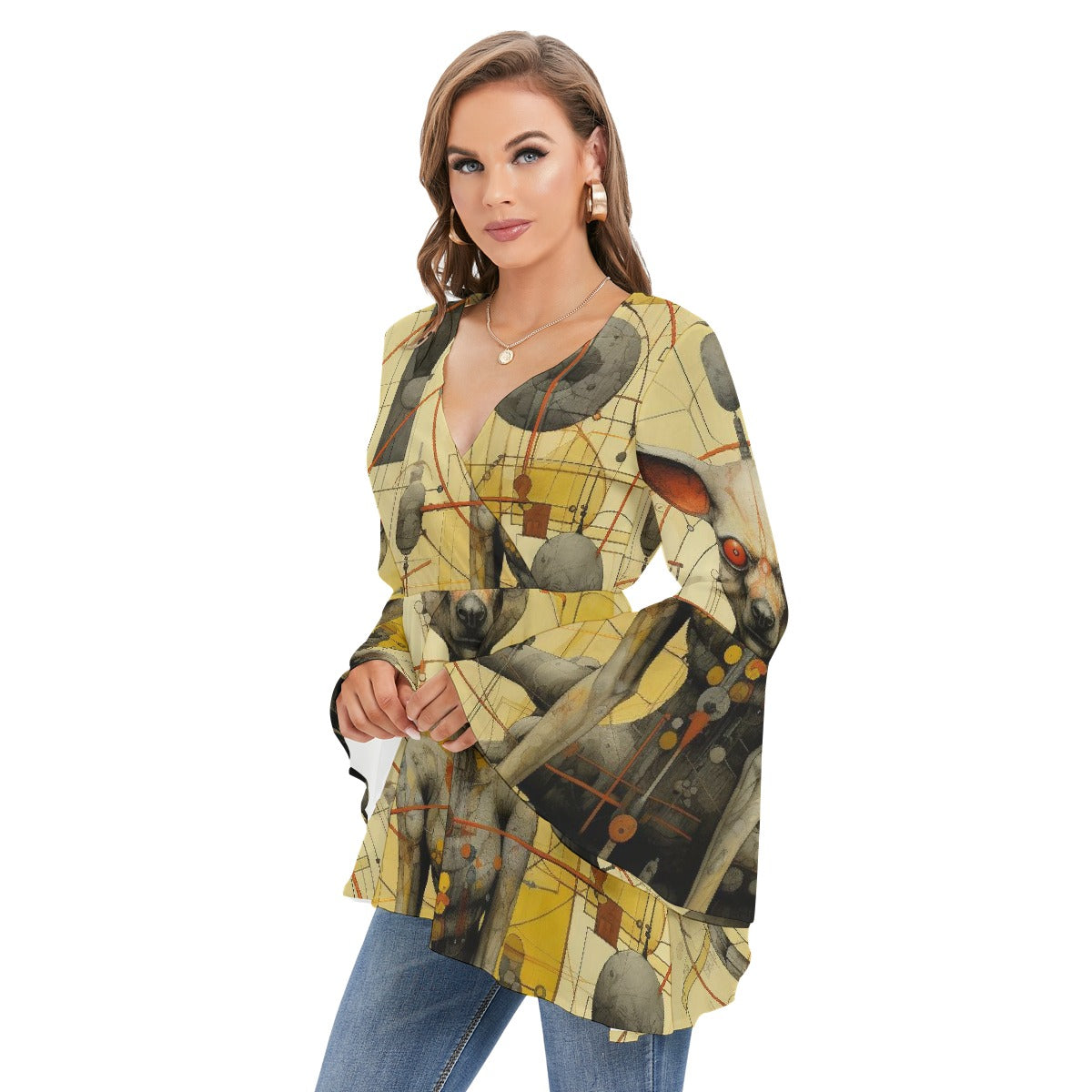 All-Over Print Women's V-neck Blouse With Flared Sleeves