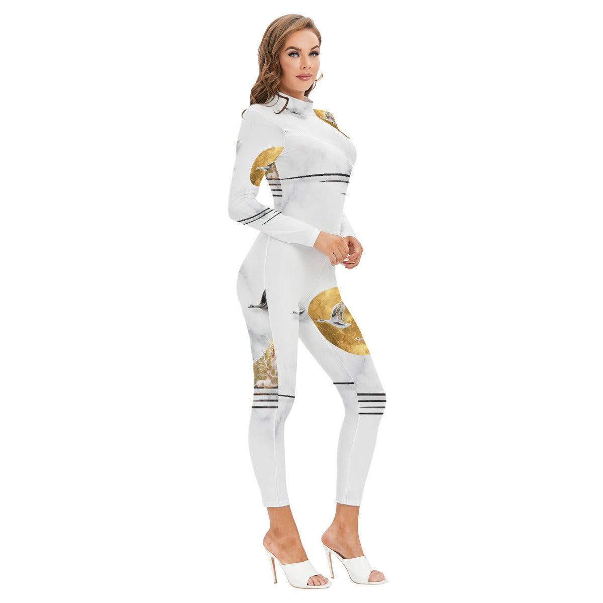 All-Over Print Women's Long-sleeved High-neck Jumpsuit With Zipper