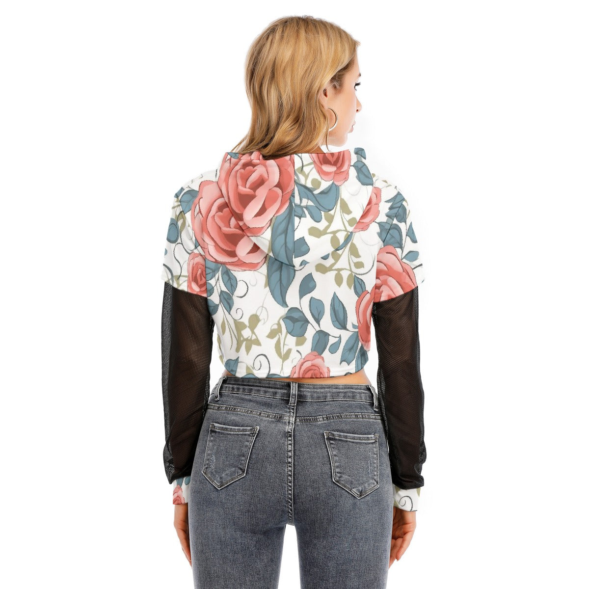 All-Over Print Women's Fake Two-piece Mesh Sleeve Cropped Hoodie