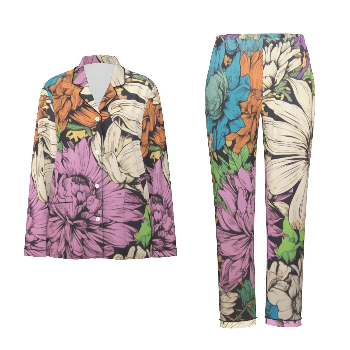 All-Over Print Women's Long Sleeve Pajama Set With Black Contrast Piping