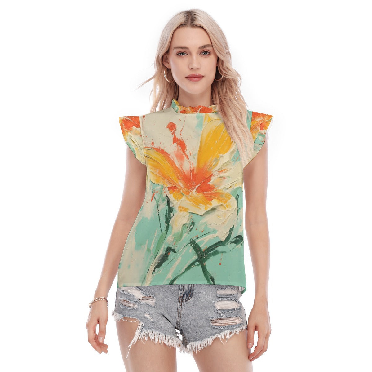 All-Over Print Women's Blouse With Ruffle Collar And Sleeve