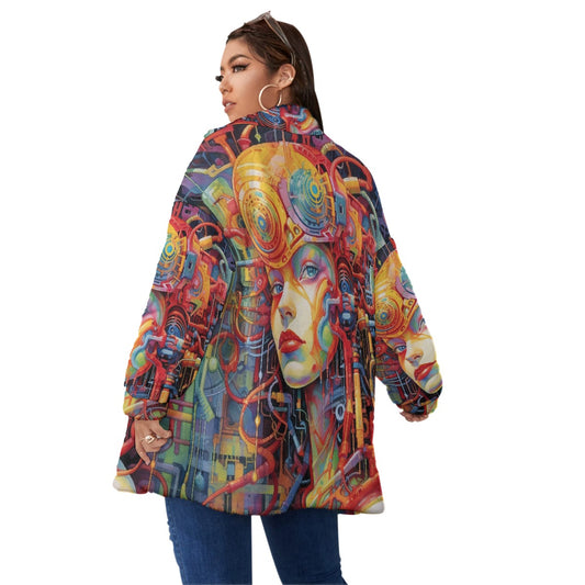 All-Over Print Unisex Borg Fleece Stand-up Collar Coat With Zipper Closure(Plus Size)