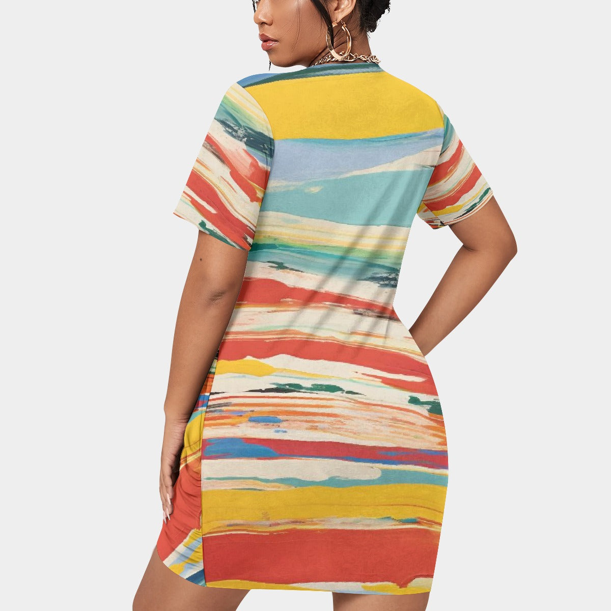 All-Over Print Women’s Stacked Hem Dress With Short Sleeve（Plus Size）