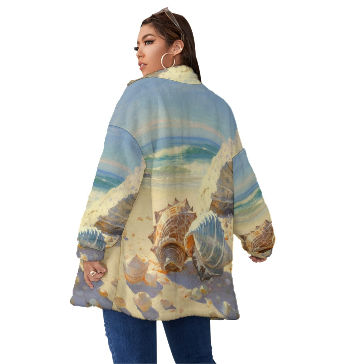 All-Over Print Unisex Borg Fleece Stand-up Collar Coat With Zipper Closure(Plus Size)