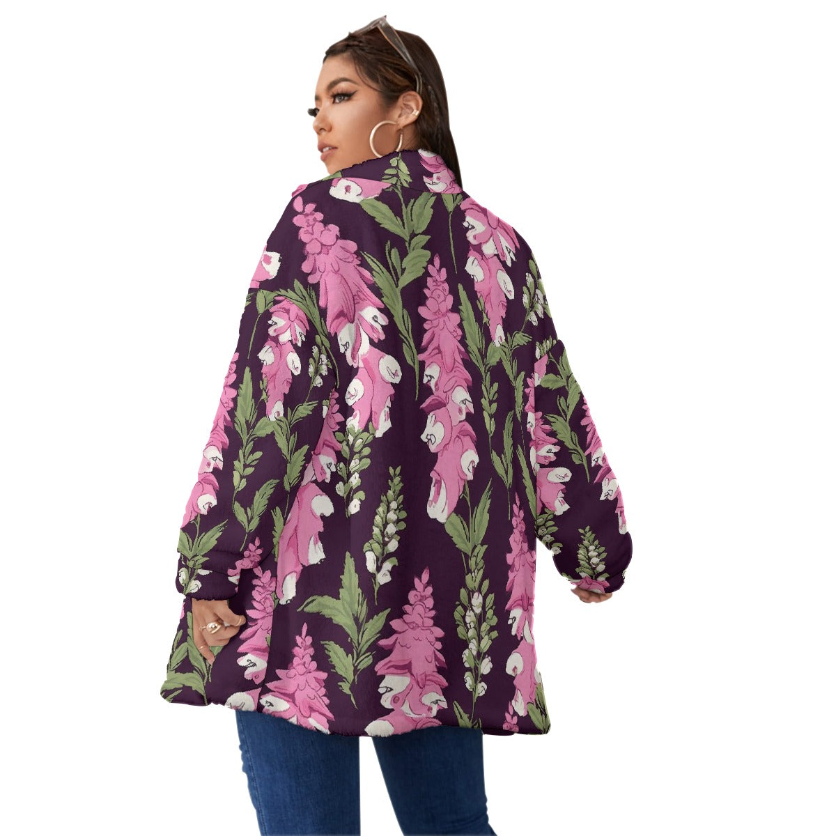 All-Over Print Unisex Borg Fleece Stand-up Collar Coat With Zipper Closure(Plus Size)