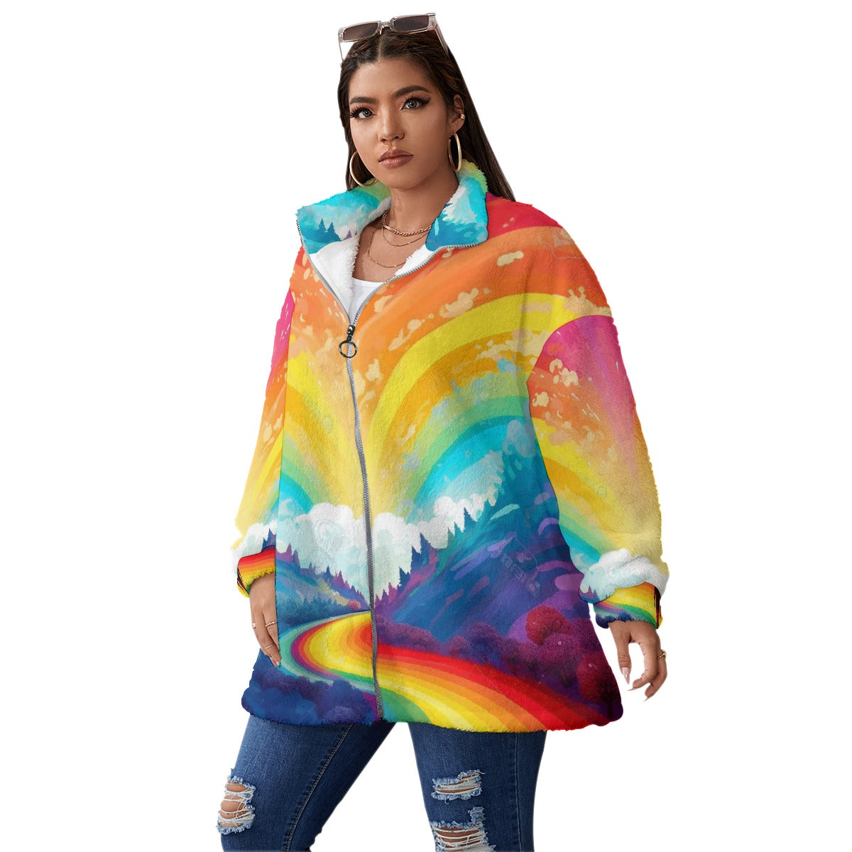All-Over Print Unisex Borg Fleece Stand-up Collar Coat With Zipper Closure(Plus Size)
