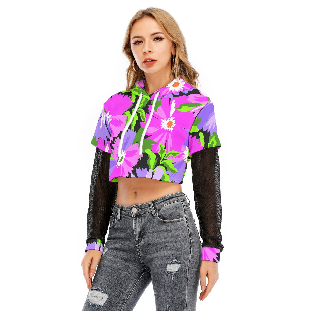 All-Over Print Women's Fake Two-piece Mesh Sleeve Cropped Hoodie