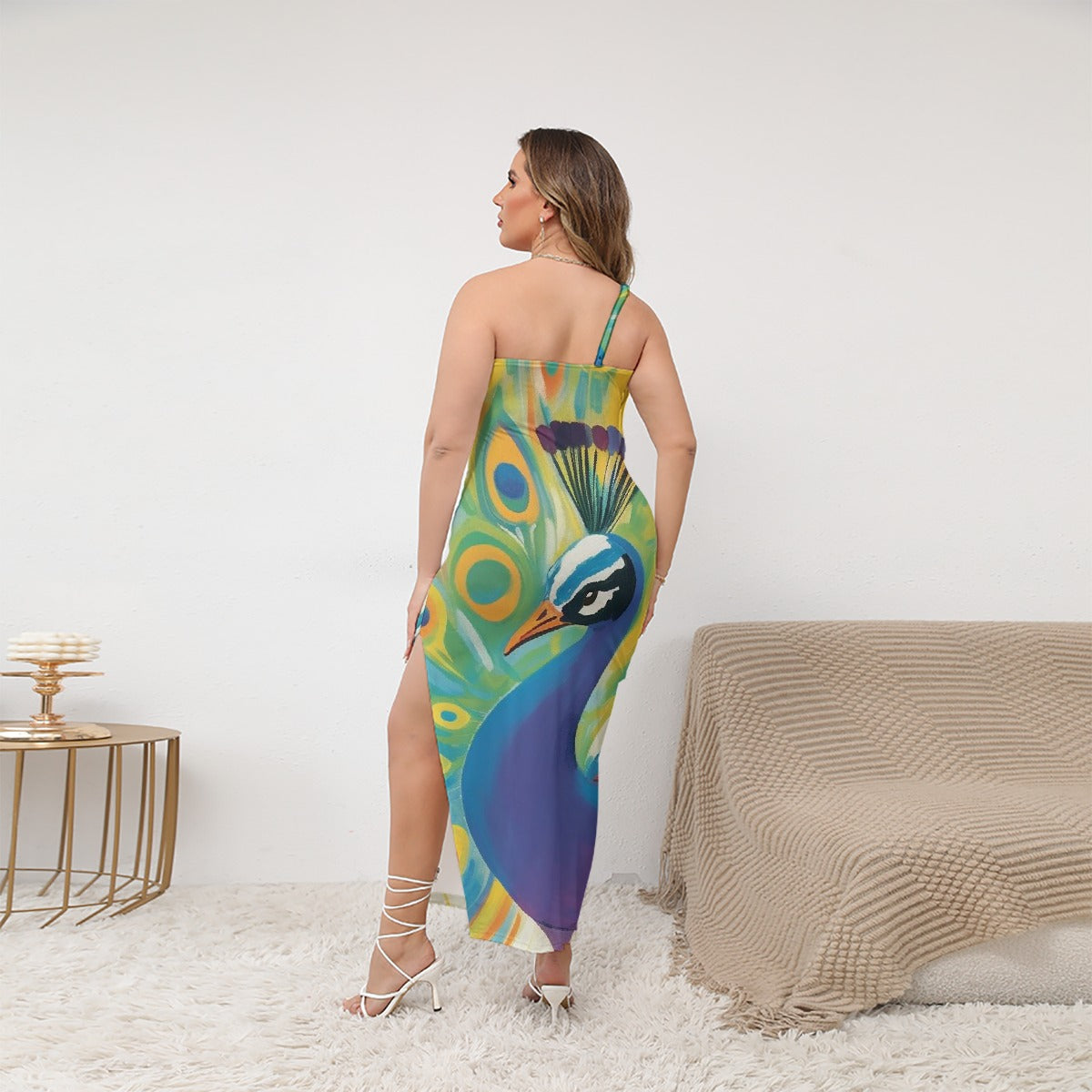 All-Over Print Women's Oblique-Shoulder Exposure Dress With Side Split (Plus Size)