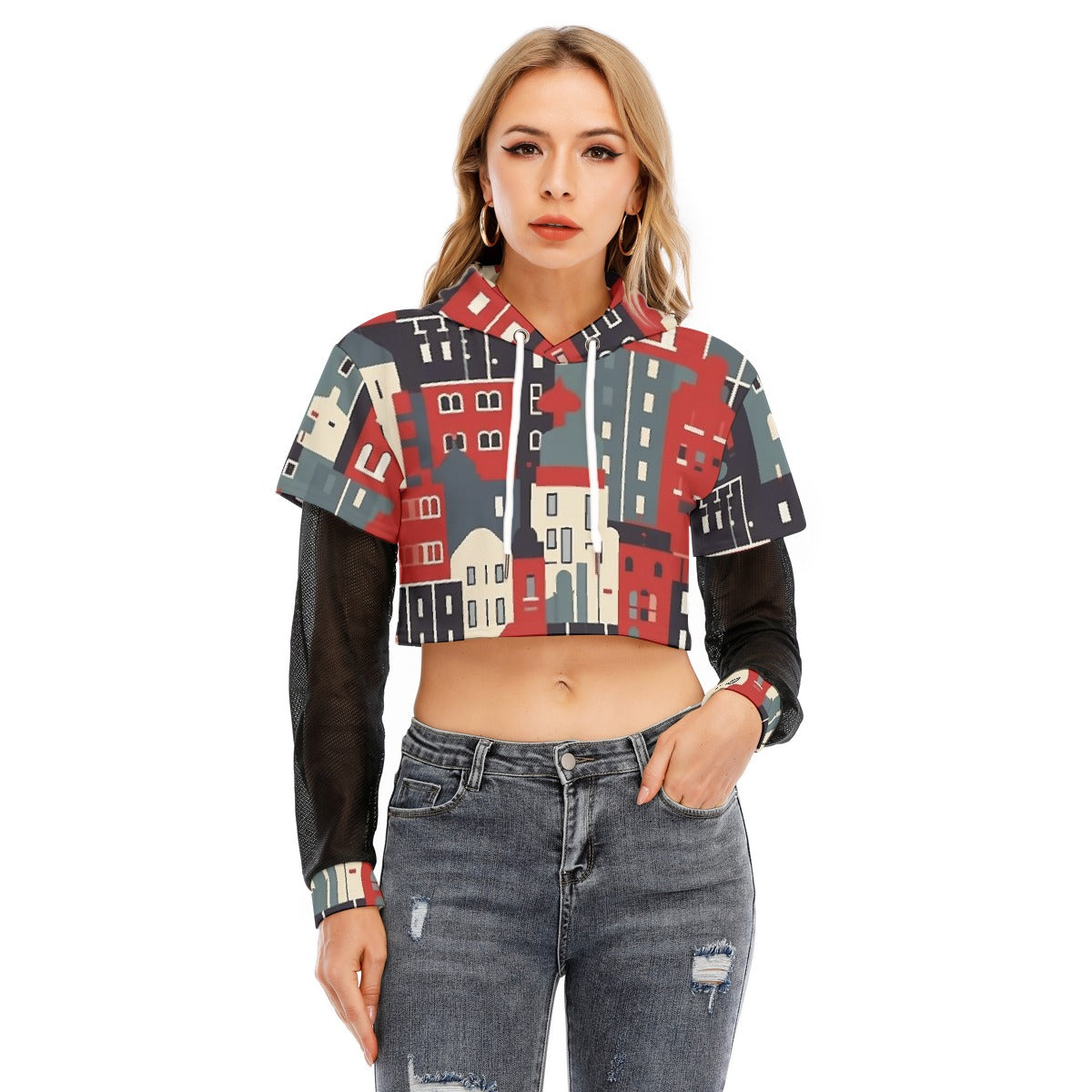All-Over Print Women's Fake Two-piece Mesh Sleeve Cropped Hoodie