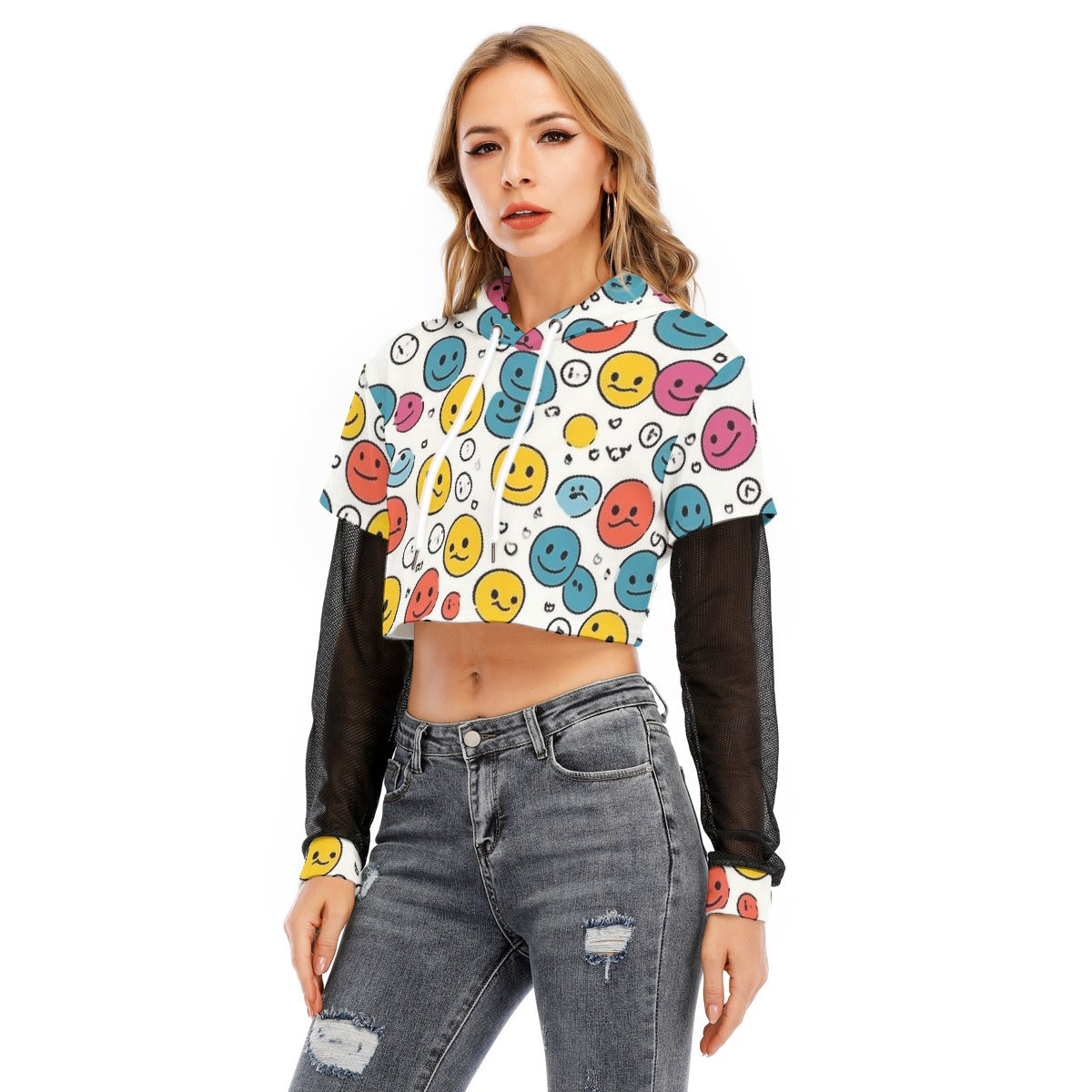 All-Over Print Women's Fake Two-piece Mesh Sleeve Cropped Hoodie