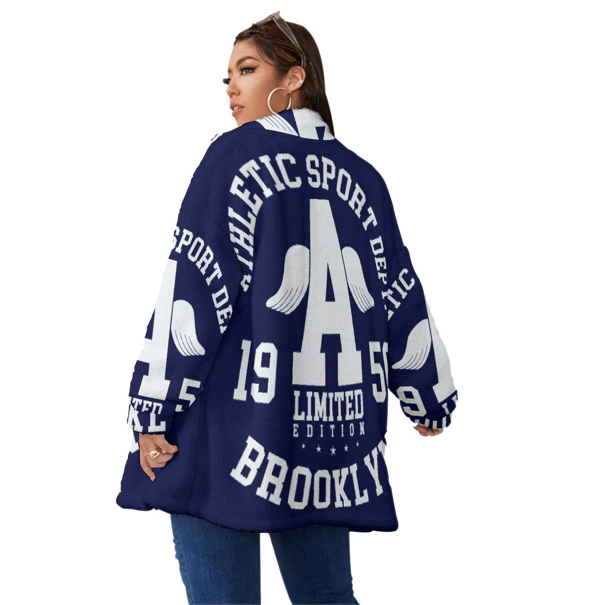 All-Over Print Unisex Borg Fleece Stand-up Collar Coat With Zipper Closure(Plus Size)