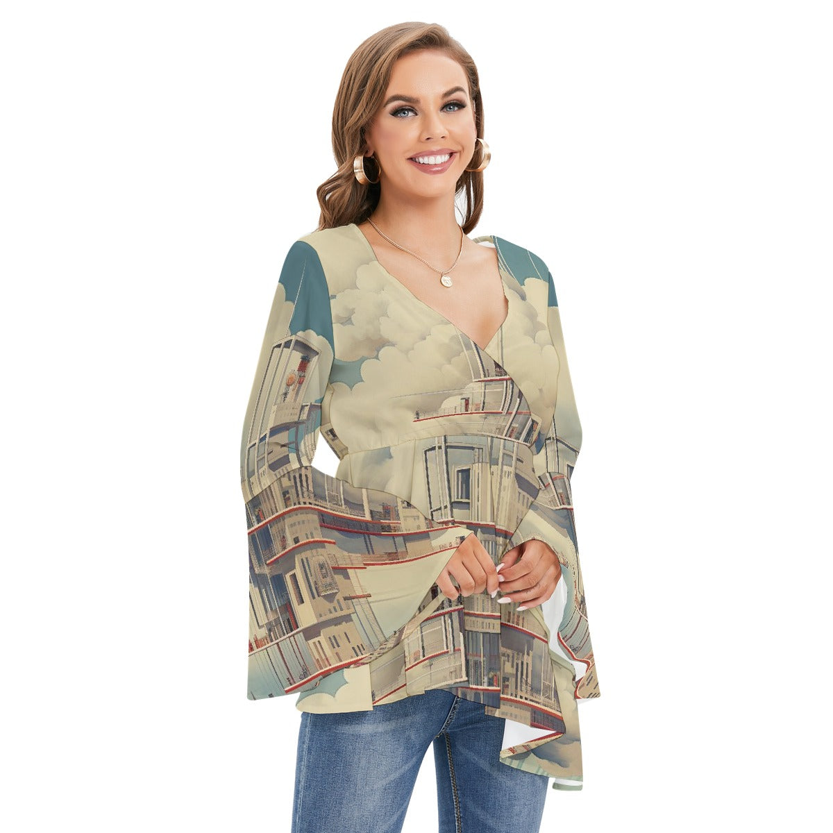 All-Over Print Women's V-neck Blouse With Flared Sleeves
