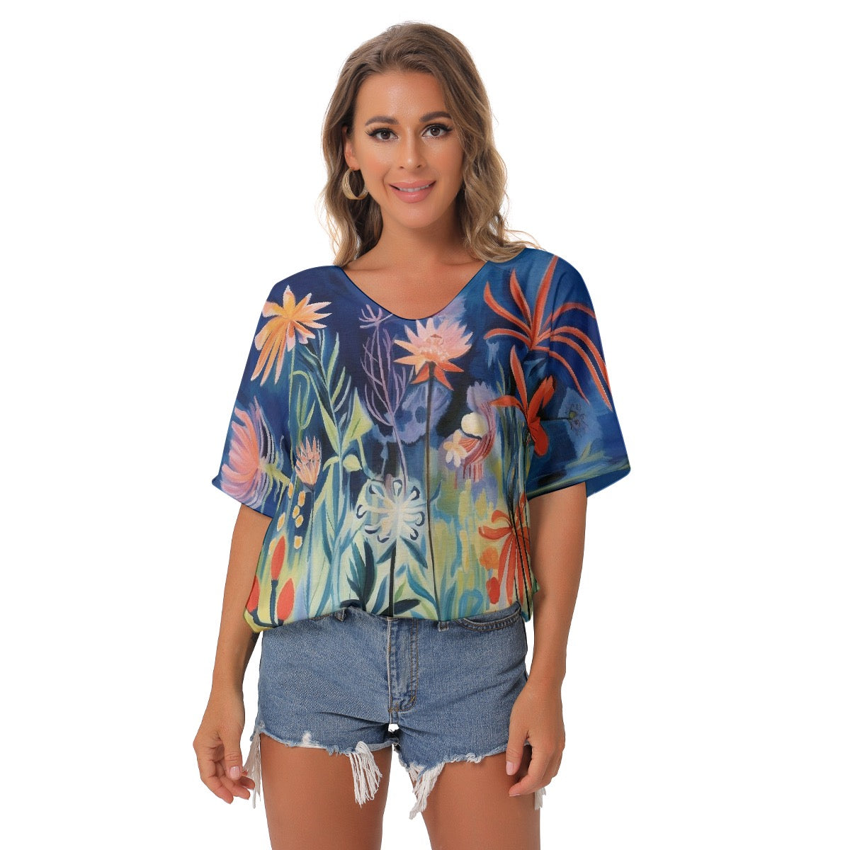 All-Over Print Women's Bat Sleeves V-Neck Blouse