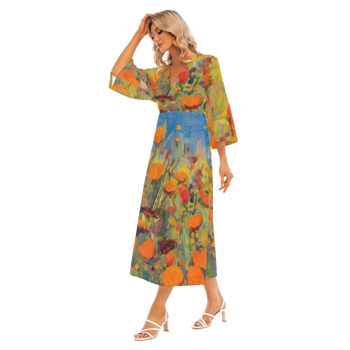 All-Over Print Women's Mid-Sleeve Long Dress