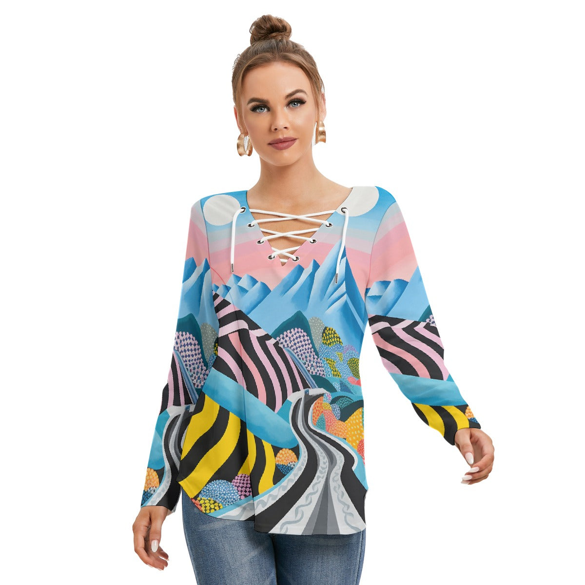 All-Over Print Women's Long Sleeve Neckline Tie Sweatshirt