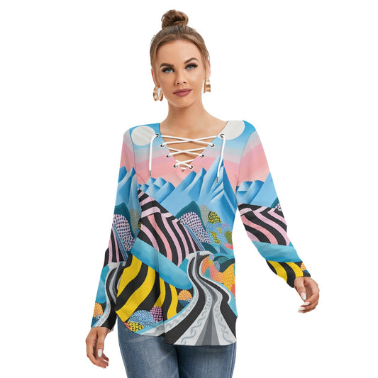 All-Over Print Women's Long Sleeve Neckline Tie Sweatshirt
