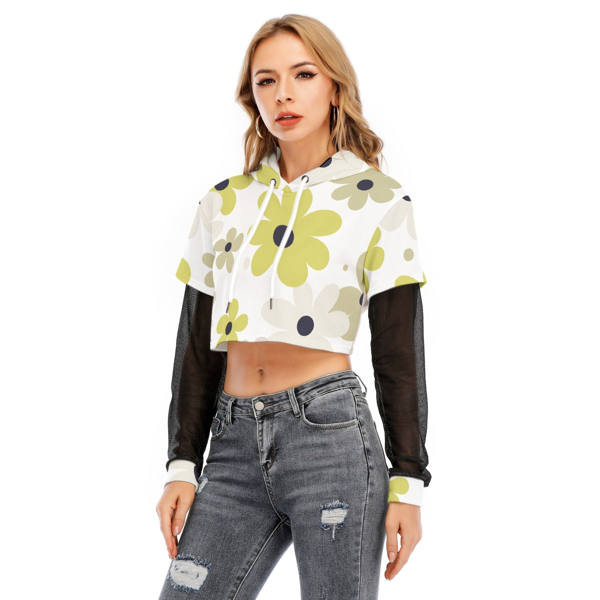All-Over Print Women's Fake Two-piece Mesh Sleeve Cropped Hoodie