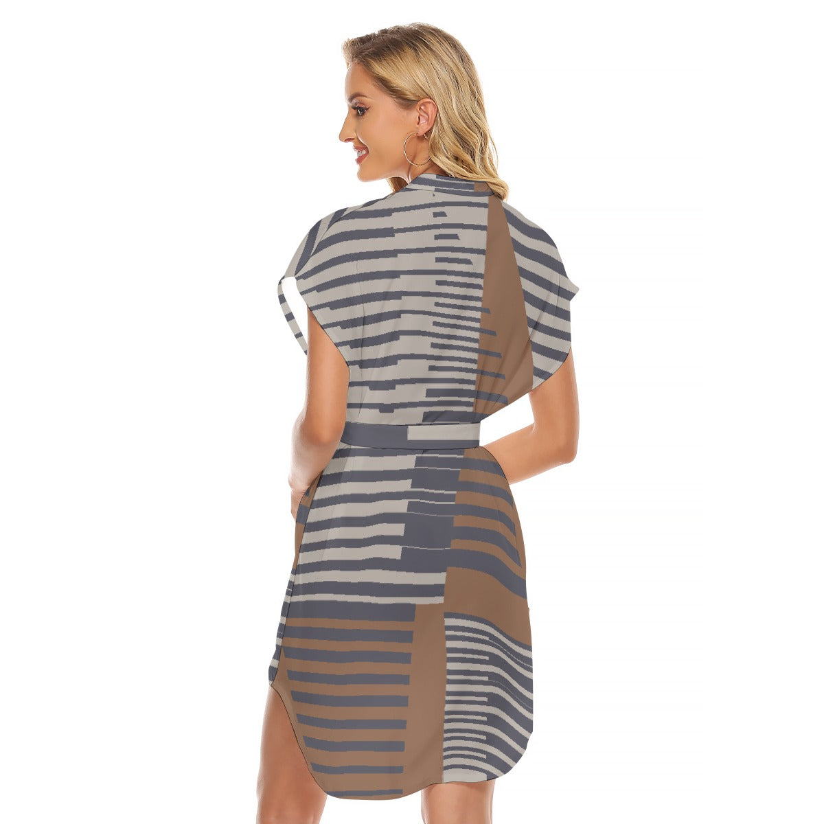 All-Over Print Women's Stand-up Collar Casual Dress With Belt