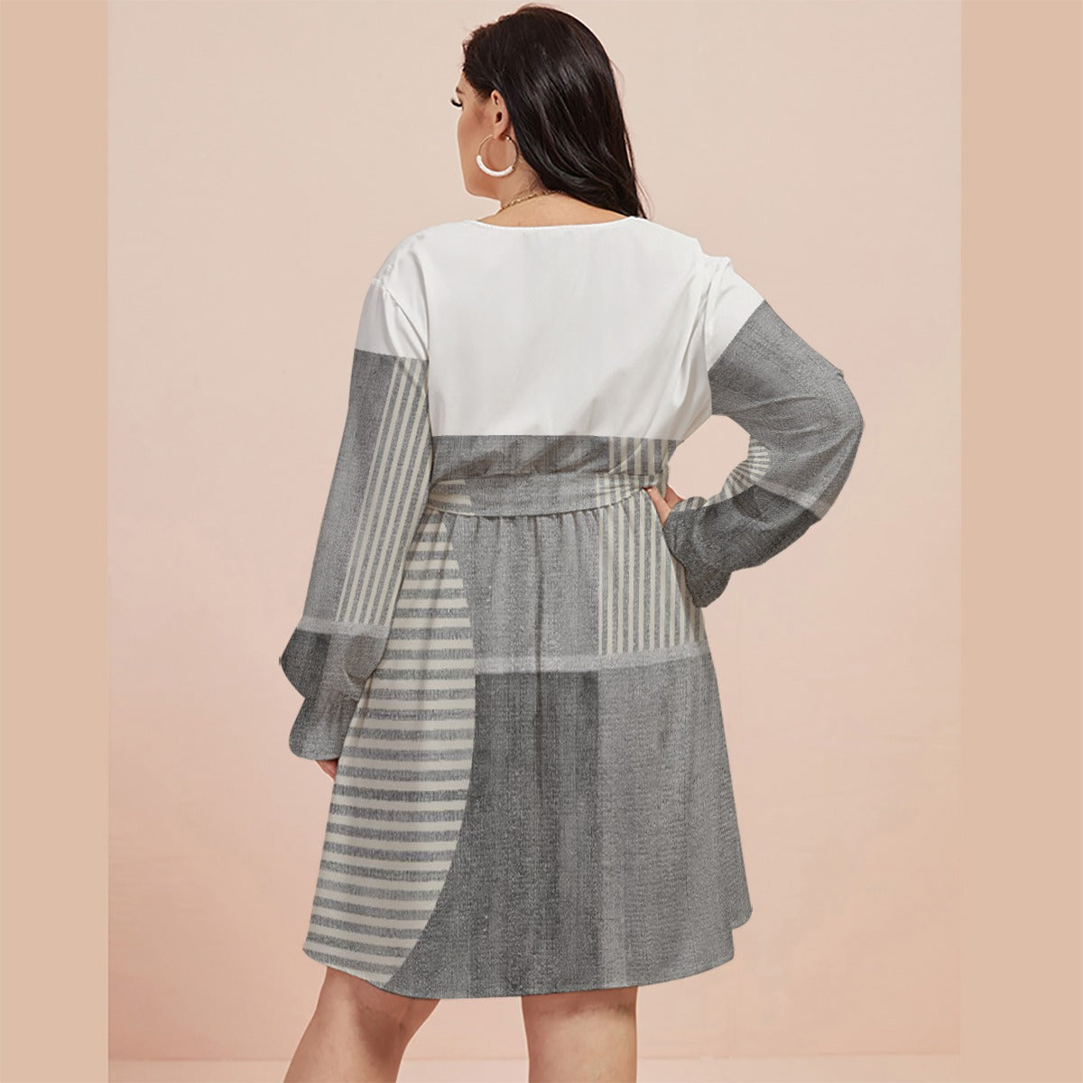 All-Over Print Women's V-neck Dress With Waistband(Plus Size)