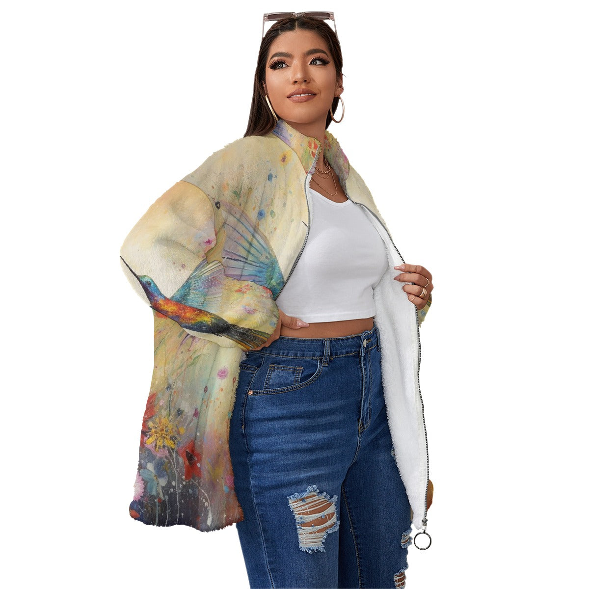 All-Over Print Unisex Borg Fleece Stand-up Collar Coat With Zipper Closure(Plus Size)