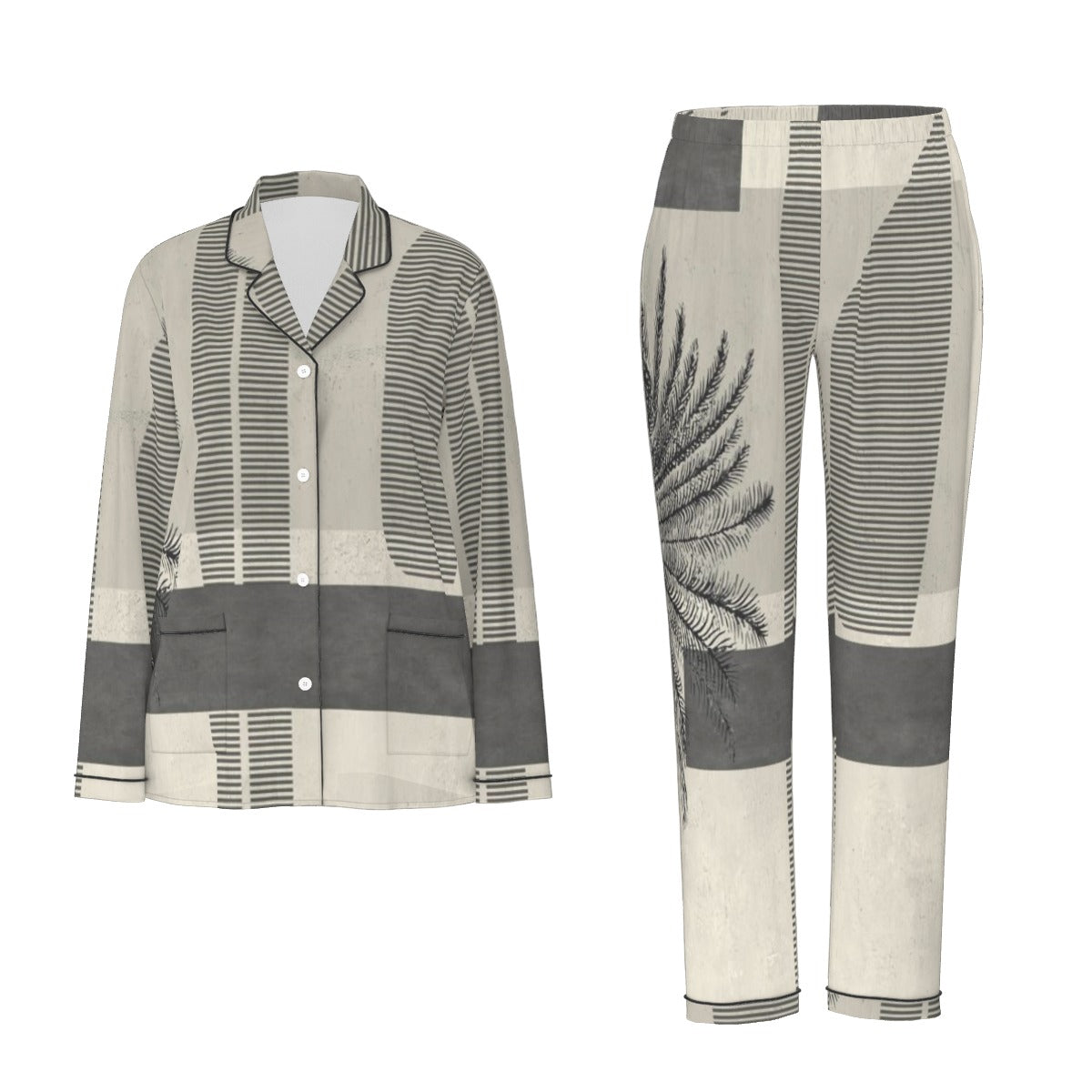 All-Over Print Women's Long Sleeve Pajama Set With Black Contrast Piping