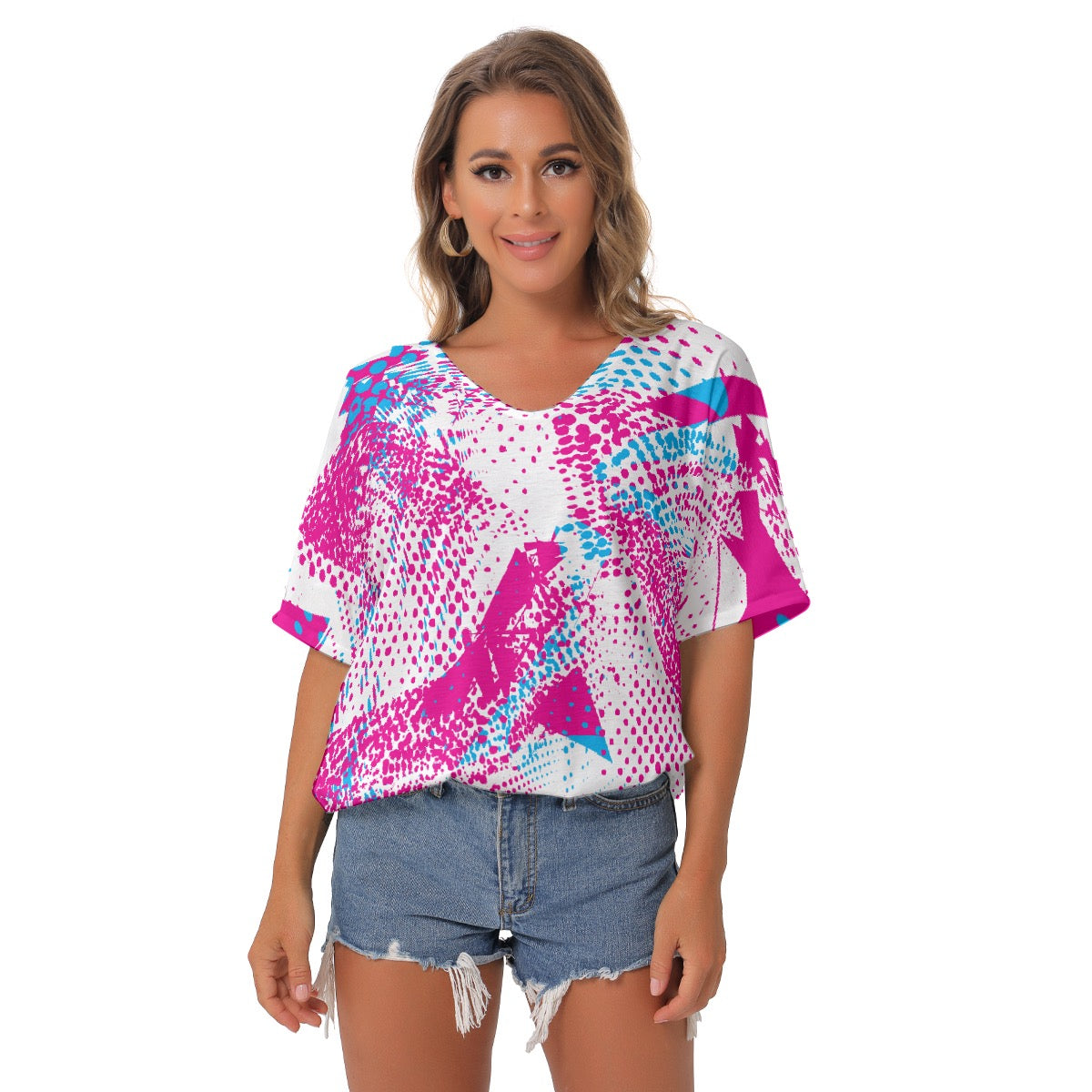 All-Over Print Women's Bat Sleeves V-Neck Blouse